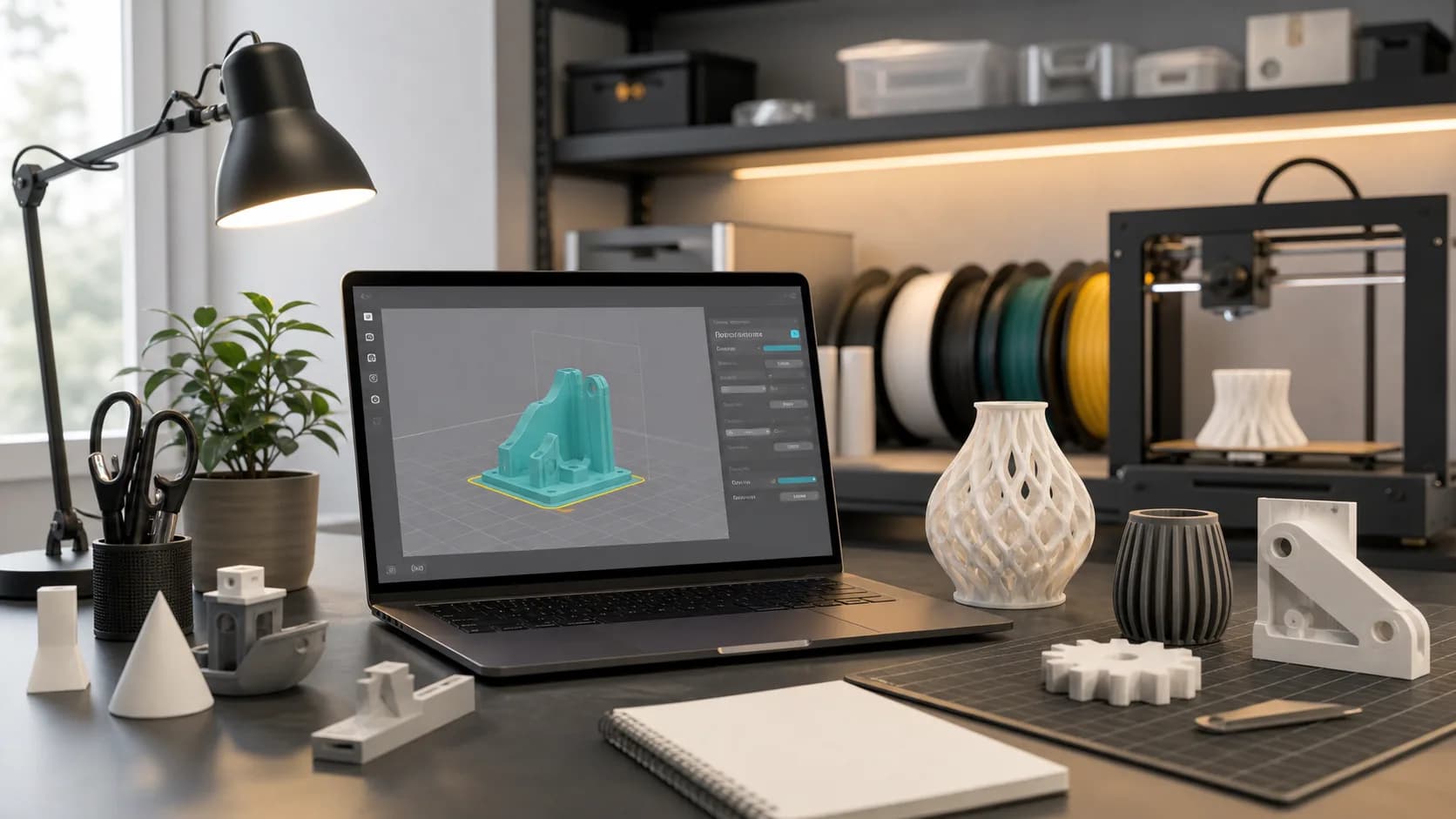 Postazione con slicer 3D, modelli stampati e provini tecnici