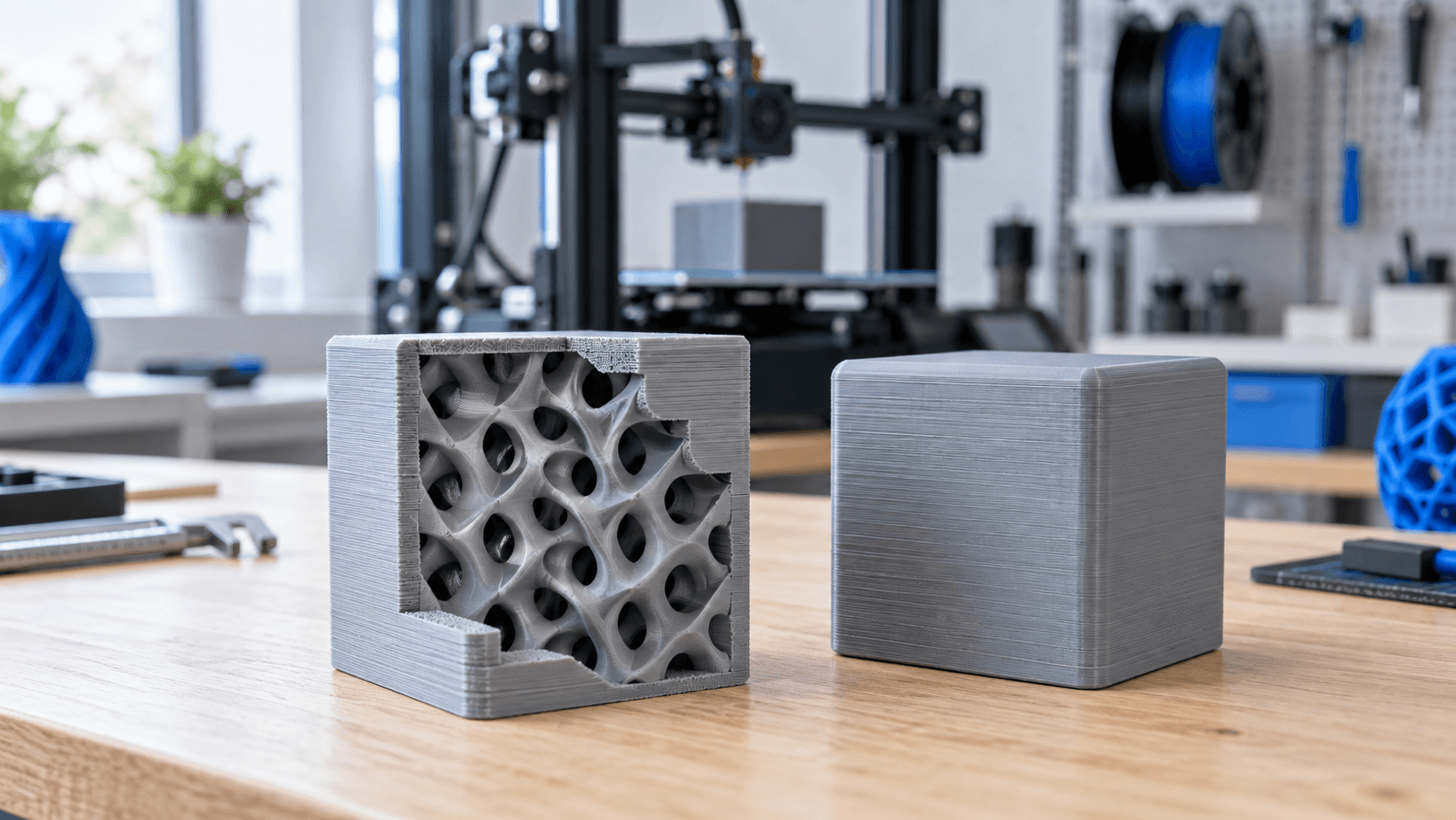 Campione FDM sezionato che mostra il riempimento interno curvo accanto a un componente chiuso, su un banco in legno in laboratorio.