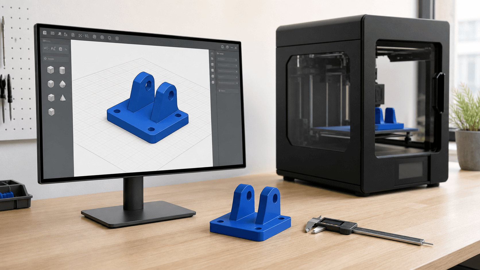 Progetto meccanico semplice in un software CAD accanto al corrispondente pezzo blu stampato in 3D