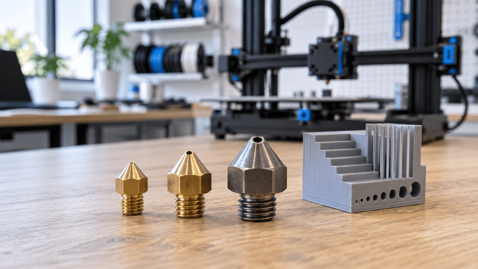 Tre ugelli per stampante 3D FDM di diametri diversi su banco in legno, accanto a un campione stampato in un laboratorio moderno.