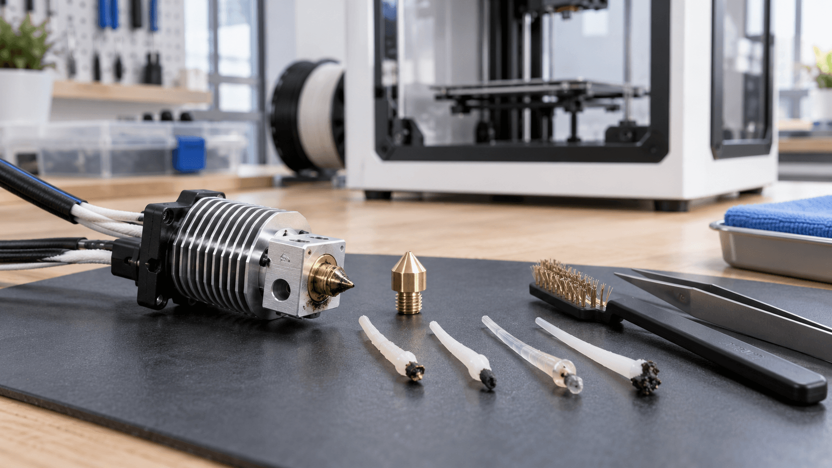 Hotend FDM, ugello in ottone e punte di filamento estratte con cold pull su un banco tecnico.