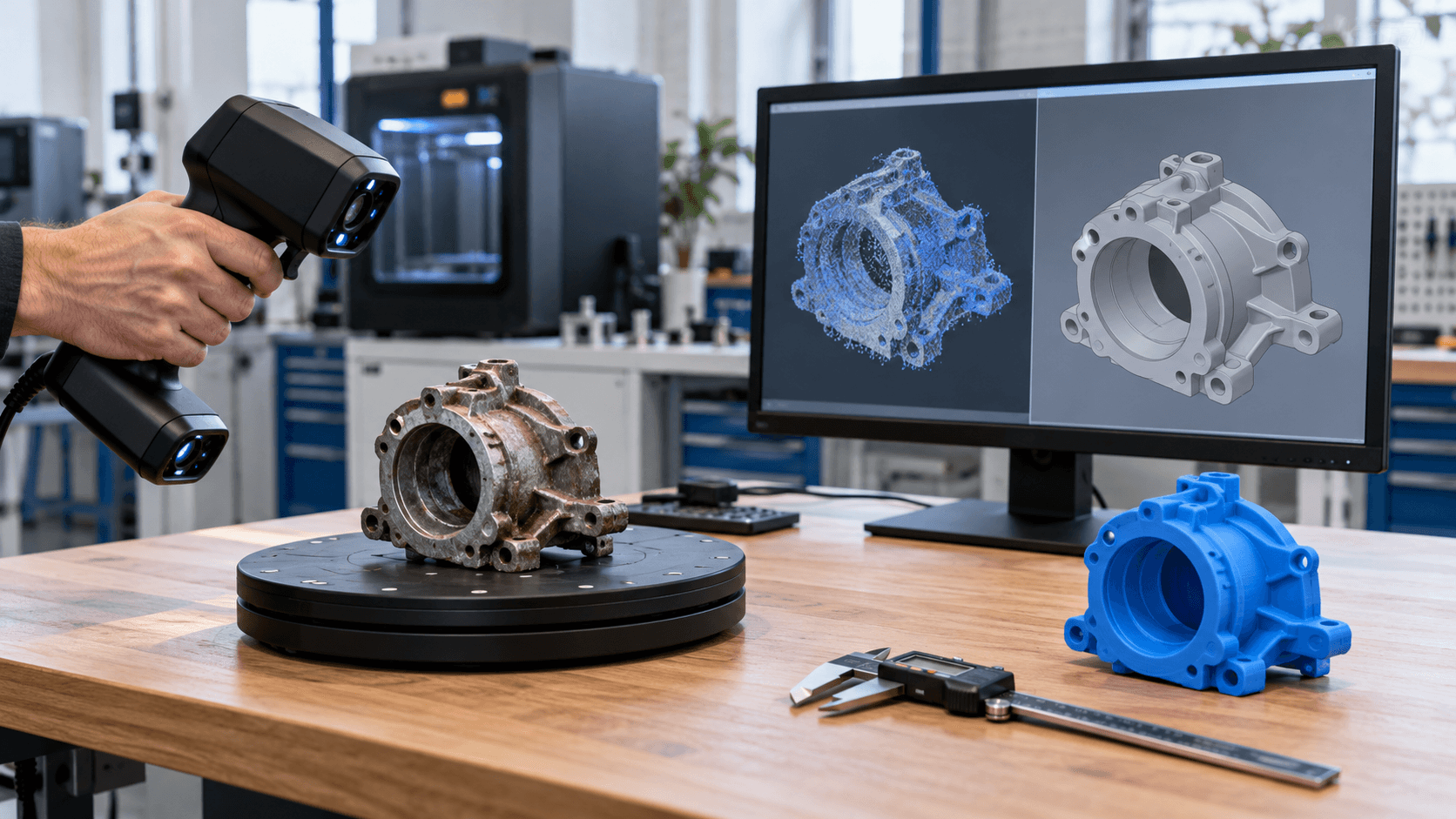 Scansione 3D di un ricambio metallico con mesh, ricostruzione CAD e prototipo stampato sul banco.